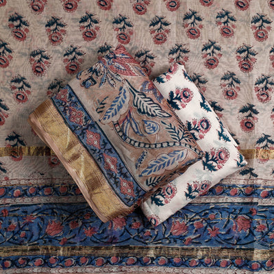 Brown - 3pc Sanganeri Block Printed Maheshwari Silk Suit Material Set