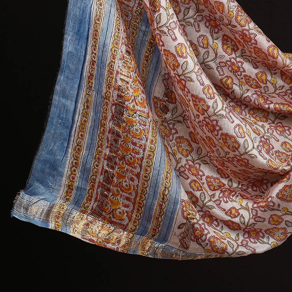 Blue - 3pc Sanganeri Block Printed Maheshwari Silk Suit Material Set