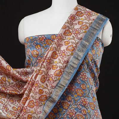 Blue - 3pc Sanganeri Block Printed Maheshwari Silk Suit Material Set