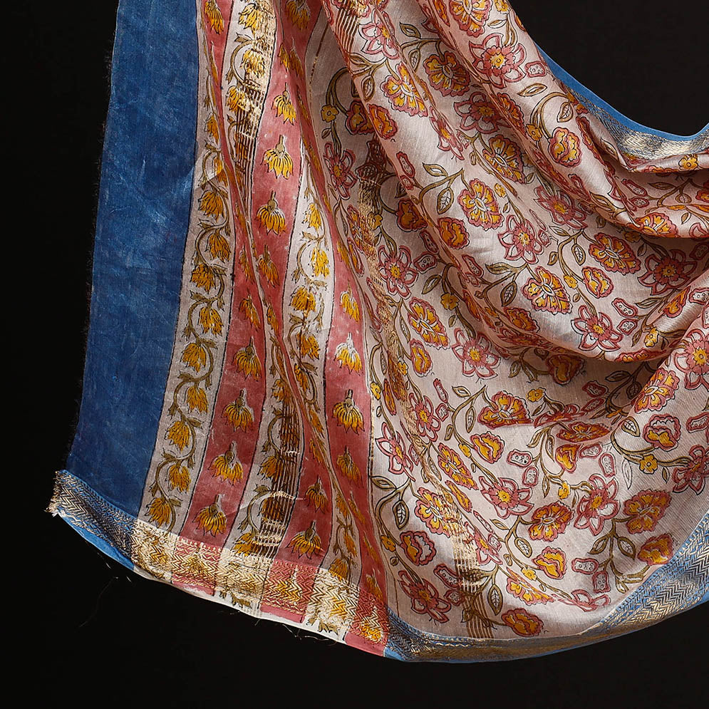 Blue - 3pc Sanganeri Block Printed Maheshwari Silk Suit Material Set