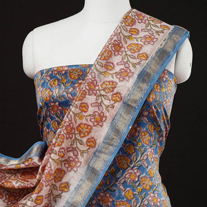 Blue - 3pc Sanganeri Block Printed Maheshwari Silk Suit Material Set
