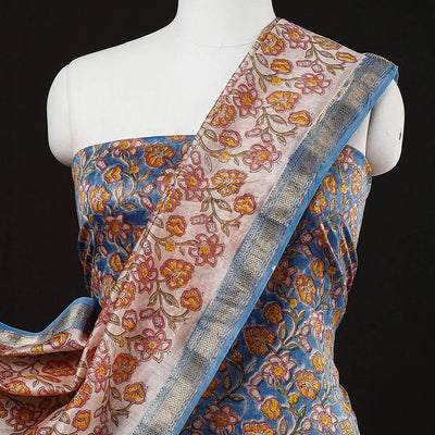 Blue - 3pc Sanganeri Block Printed Maheshwari Silk Suit Material Set