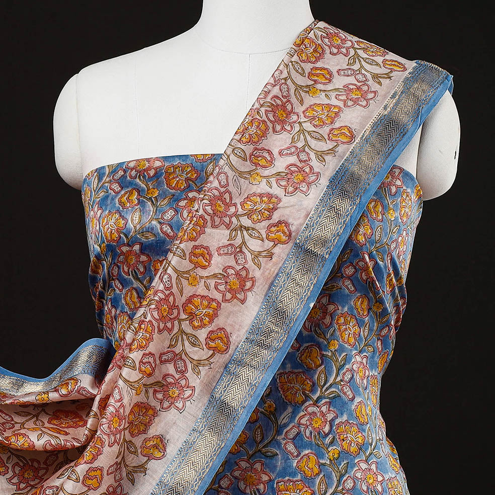 Blue - 3pc Sanganeri Block Printed Maheshwari Silk Suit Material Set