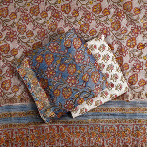 Blue - 3pc Sanganeri Block Printed Maheshwari Silk Suit Material Set