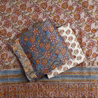 Blue - 3pc Sanganeri Block Printed Maheshwari Silk Suit Material Set