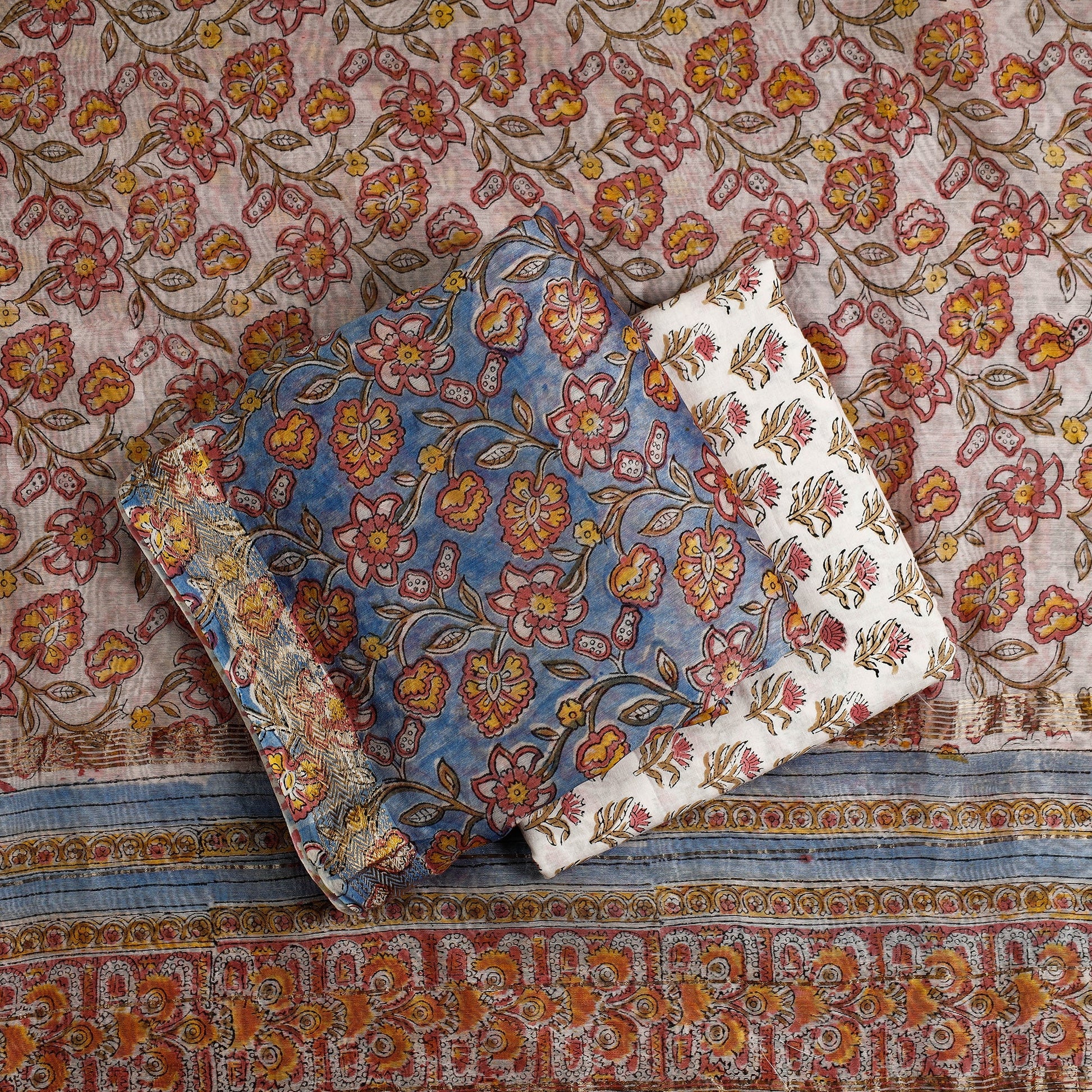 Blue - 3pc Sanganeri Block Printed Maheshwari Silk Suit Material Set