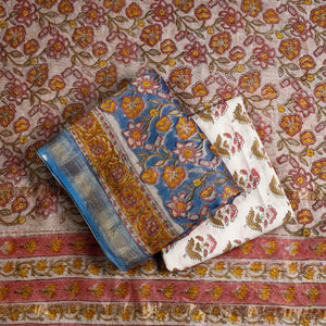 Blue - 3pc Sanganeri Block Printed Maheshwari Silk Suit Material Set