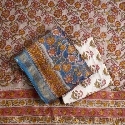 Blue - 3pc Sanganeri Block Printed Maheshwari Silk Suit Material Set