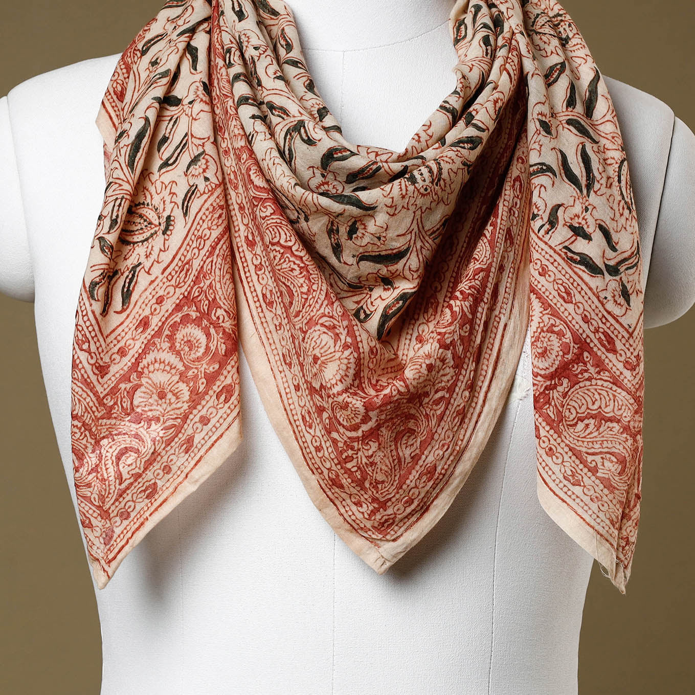 Beige - Original Pedana Kalamkari Block Printed Cotton Scarf