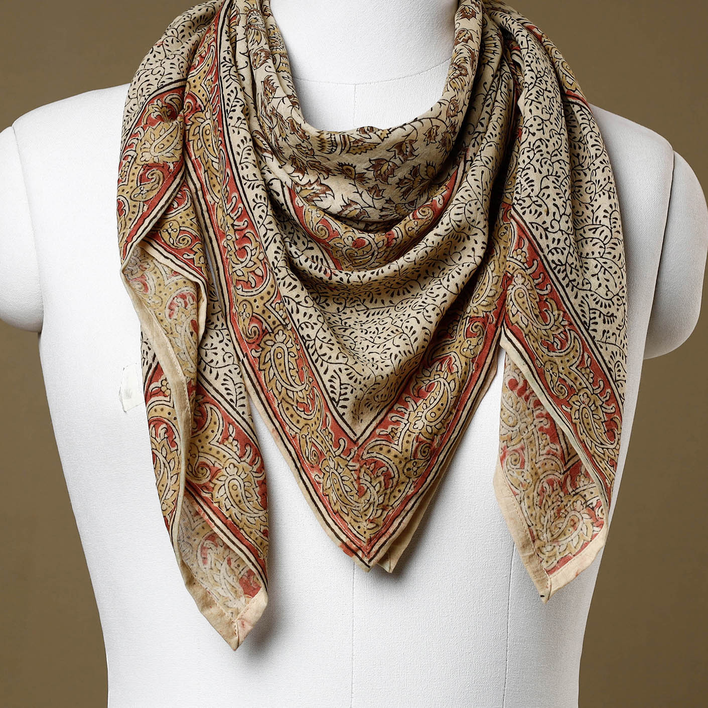 Beige - Original Pedana Kalamkari Block Printed Cotton Scarf