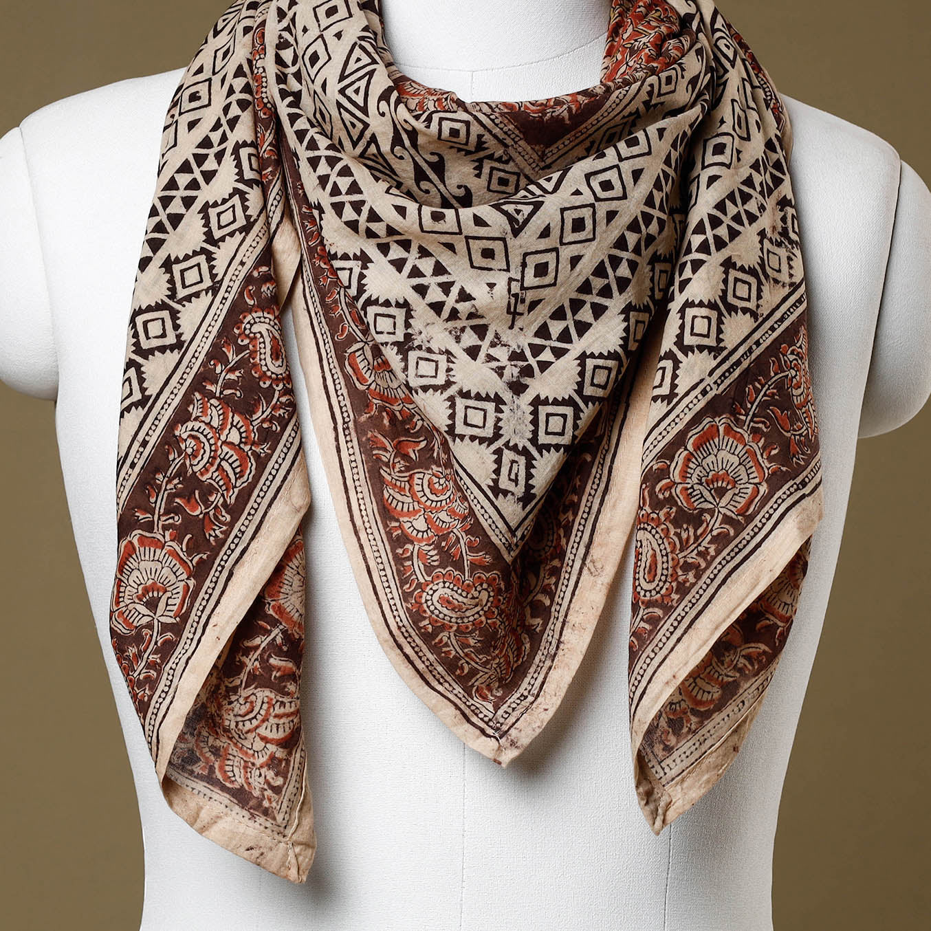 Beige - Original Pedana Kalamkari Block Printed Cotton Scarf