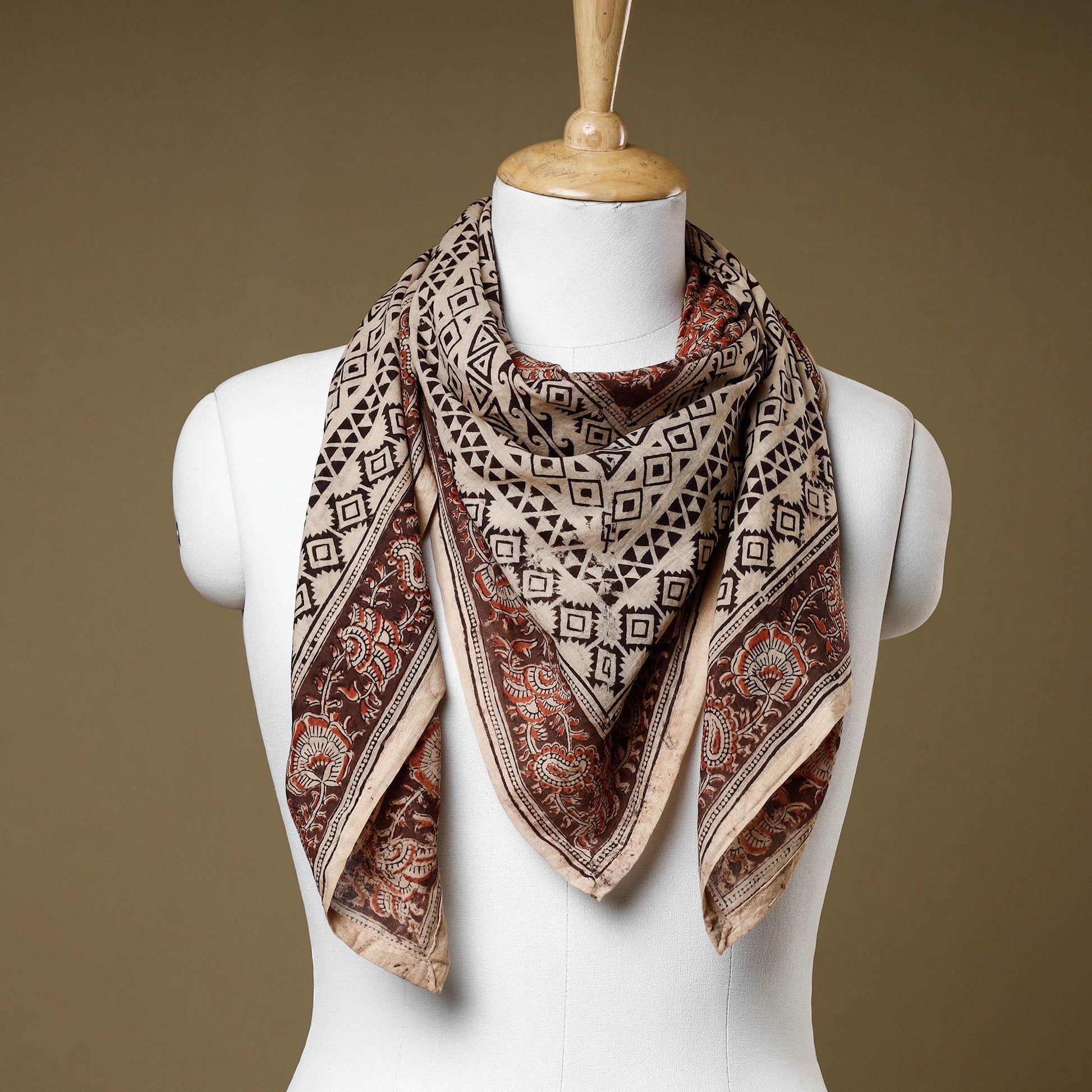 Beige - Original Pedana Kalamkari Block Printed Cotton Scarf