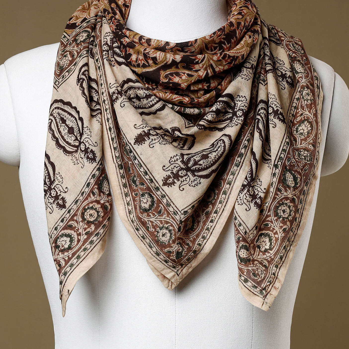 Black - Original Pedana Kalamkari Block Printed Cotton Scarf