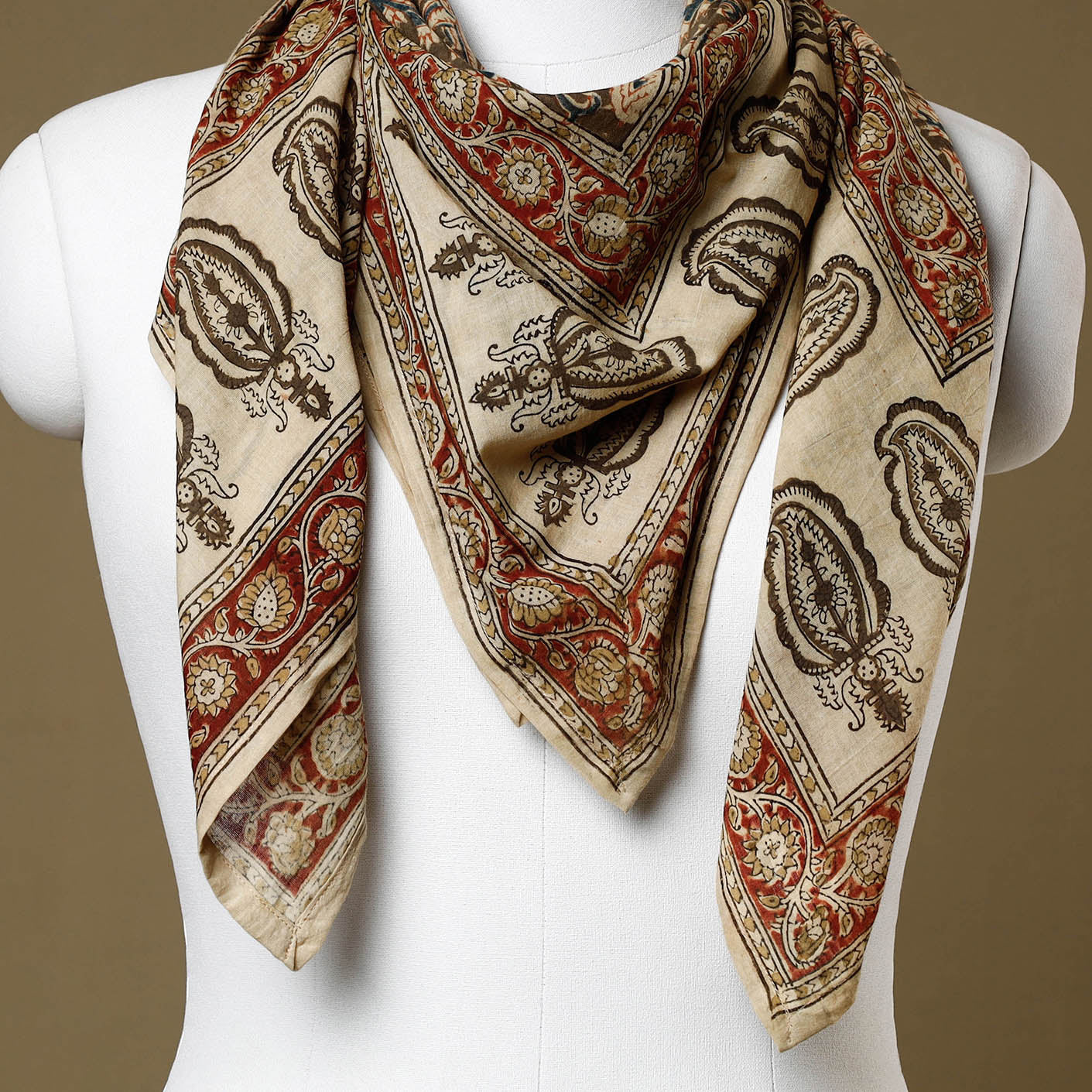Brown - Original Pedana Kalamkari Block Printed Cotton Scarf