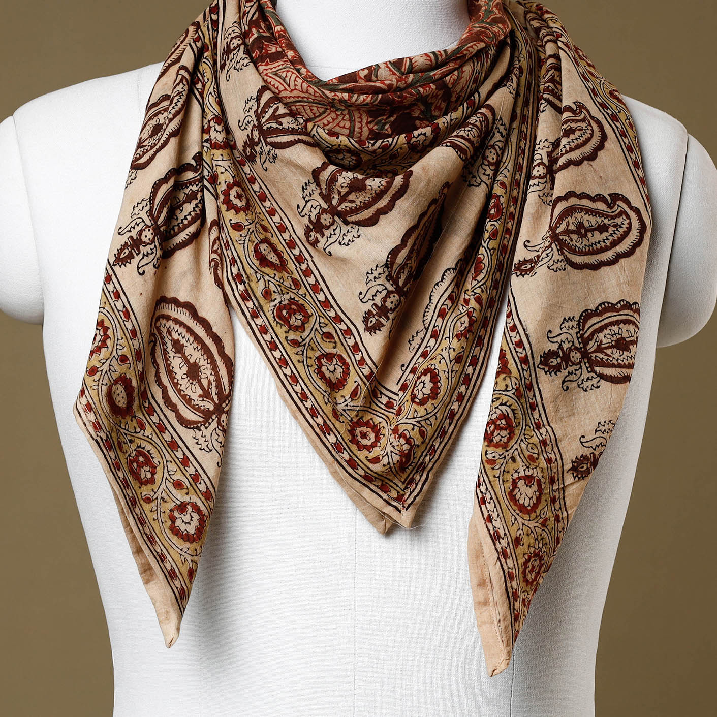 Brown - Original Pedana Kalamkari Block Printed Cotton Scarf
