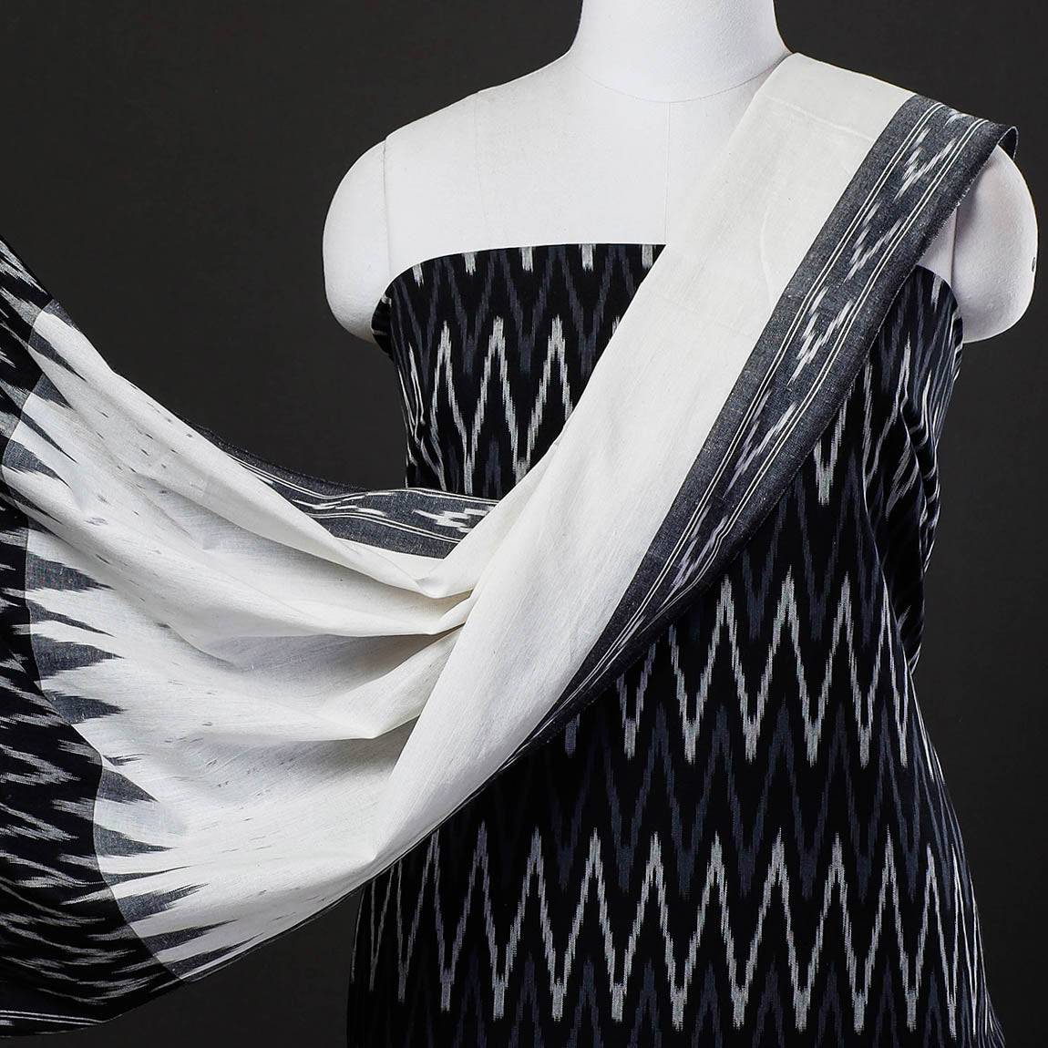 Black - 3pc Pochampally Ikat Weave Cotton Suit Material Set