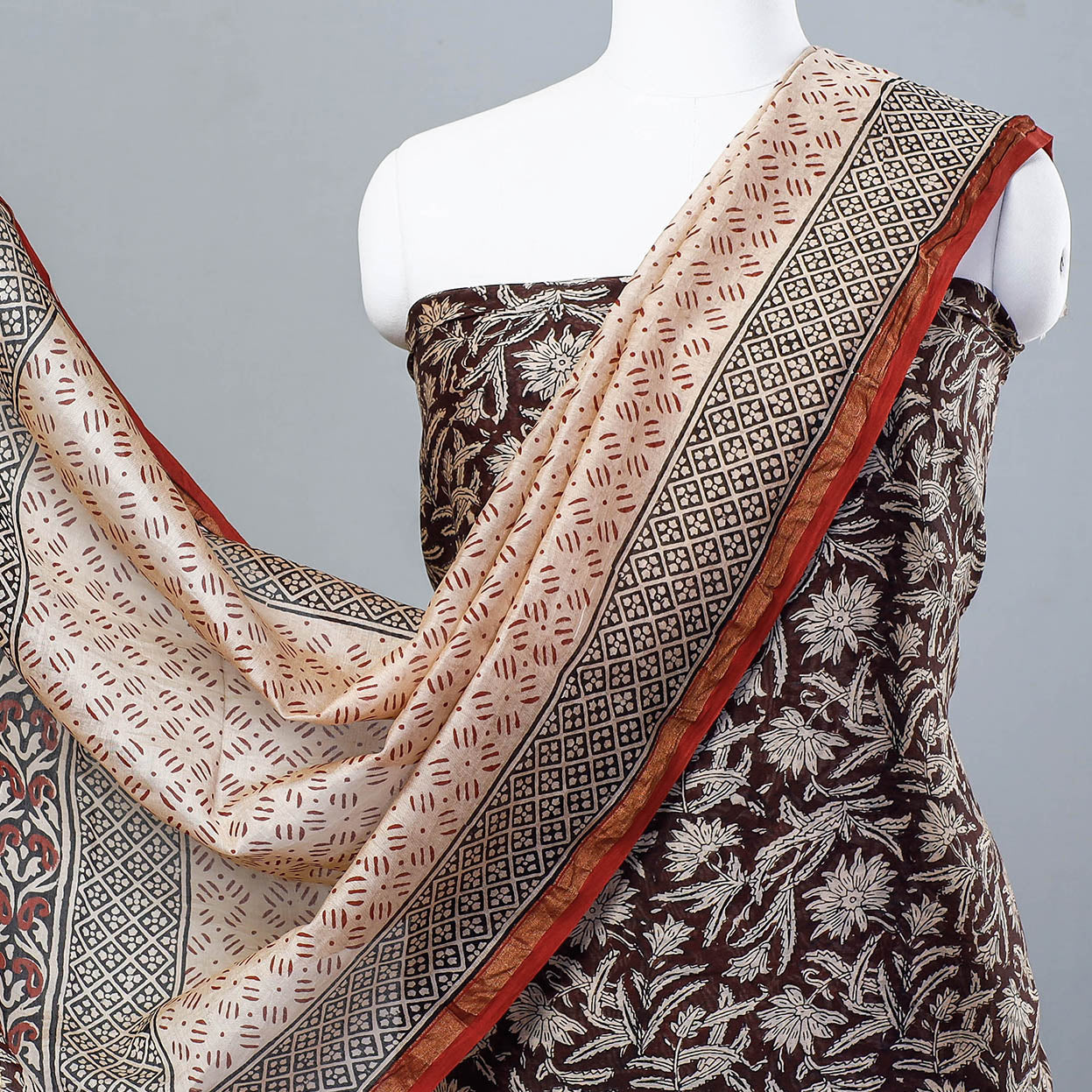 Brown - 3pc Bagru Block Printed Chanderi Silk Suit Material Set