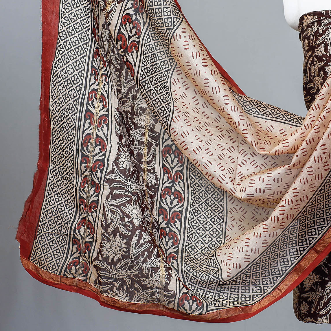 Brown - 3pc Bagru Block Printed Chanderi Silk Suit Material Set
