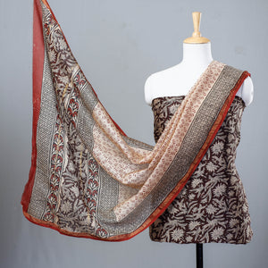 Brown - 3pc Bagru Block Printed Chanderi Silk Suit Material Set