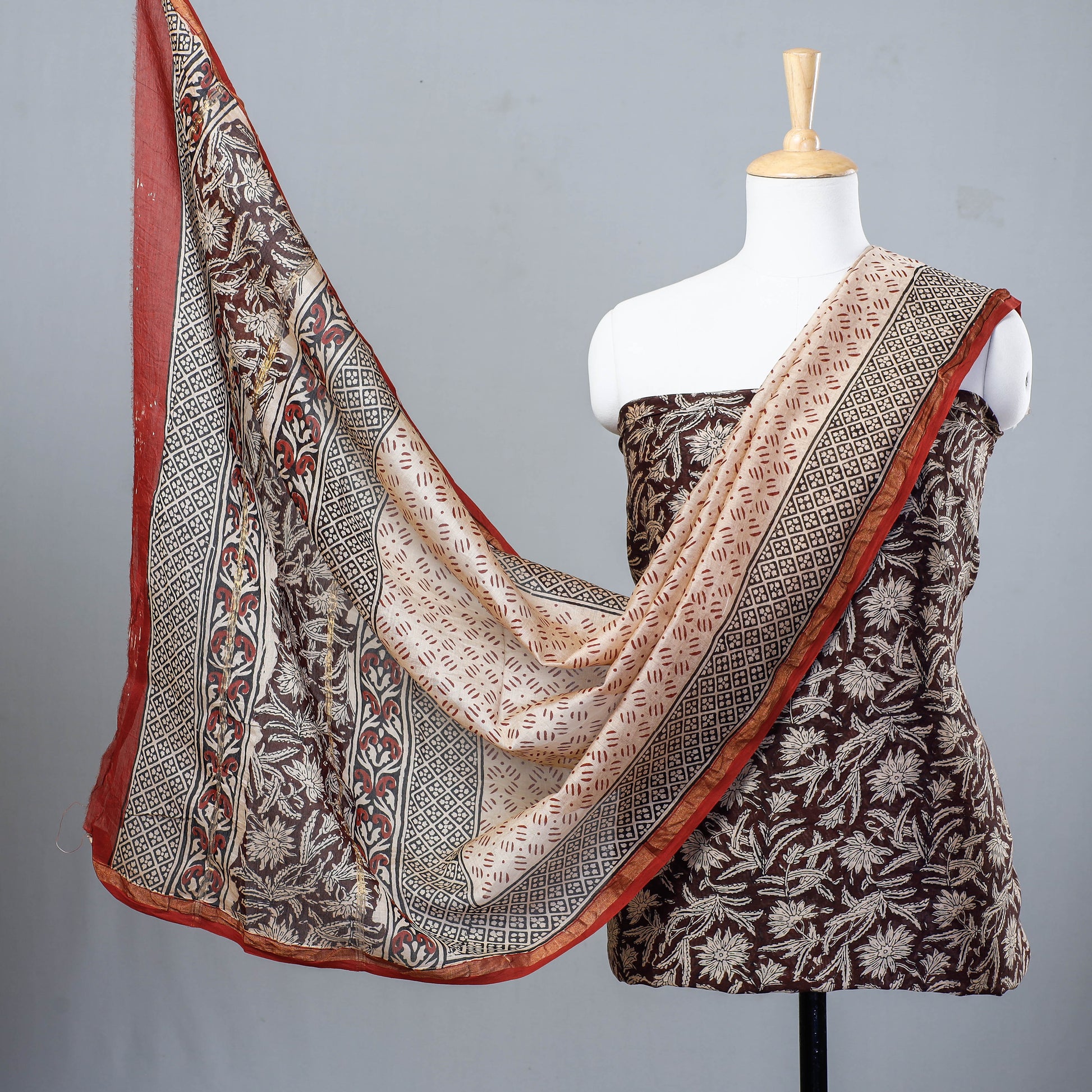 Brown - 3pc Bagru Block Printed Chanderi Silk Suit Material Set