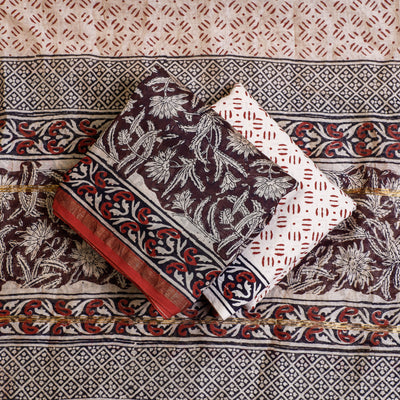 Brown - 3pc Bagru Block Printed Chanderi Silk Suit Material Set