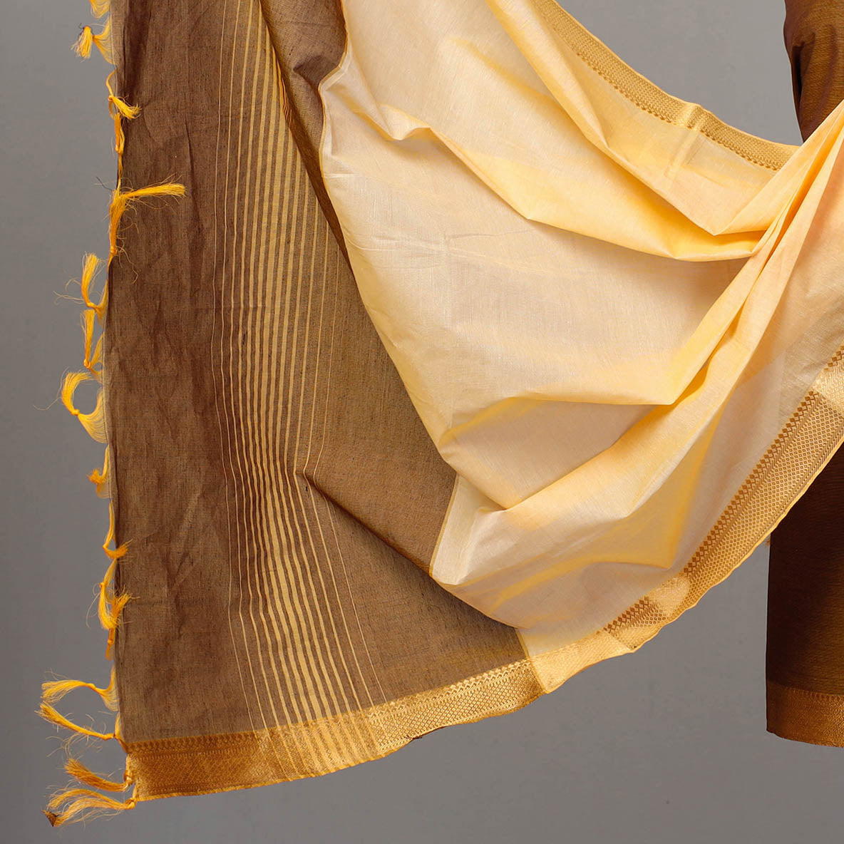 Brown - 3pc Mangalagiri Cotton Suit Material Set with Zari Border