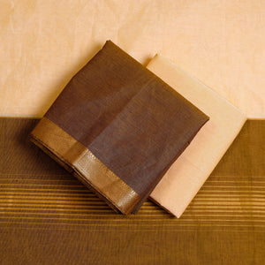 Brown - 3pc Mangalagiri Cotton Suit Material Set with Zari Border