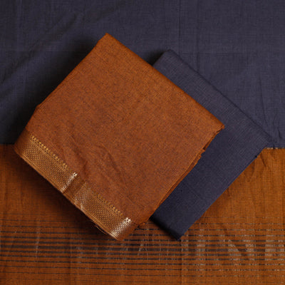 Brown - 3pc Mangalagiri Cotton Suit Material Set with Zari Border