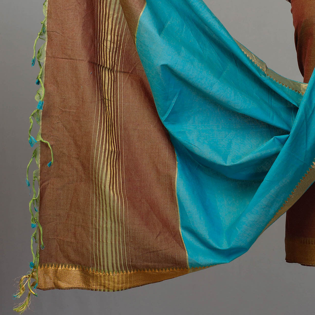 Brown - 3pc Mangalagiri Cotton Suit Material Set with Zari Border