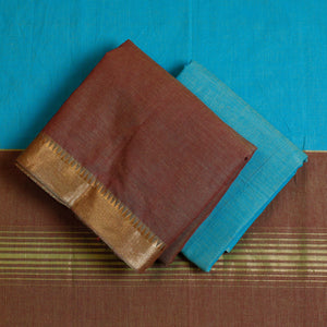 Brown - 3pc Mangalagiri Cotton Suit Material Set with Zari Border