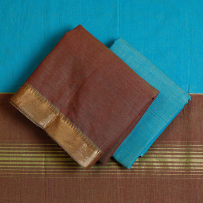 Brown - 3pc Mangalagiri Cotton Suit Material Set with Zari Border