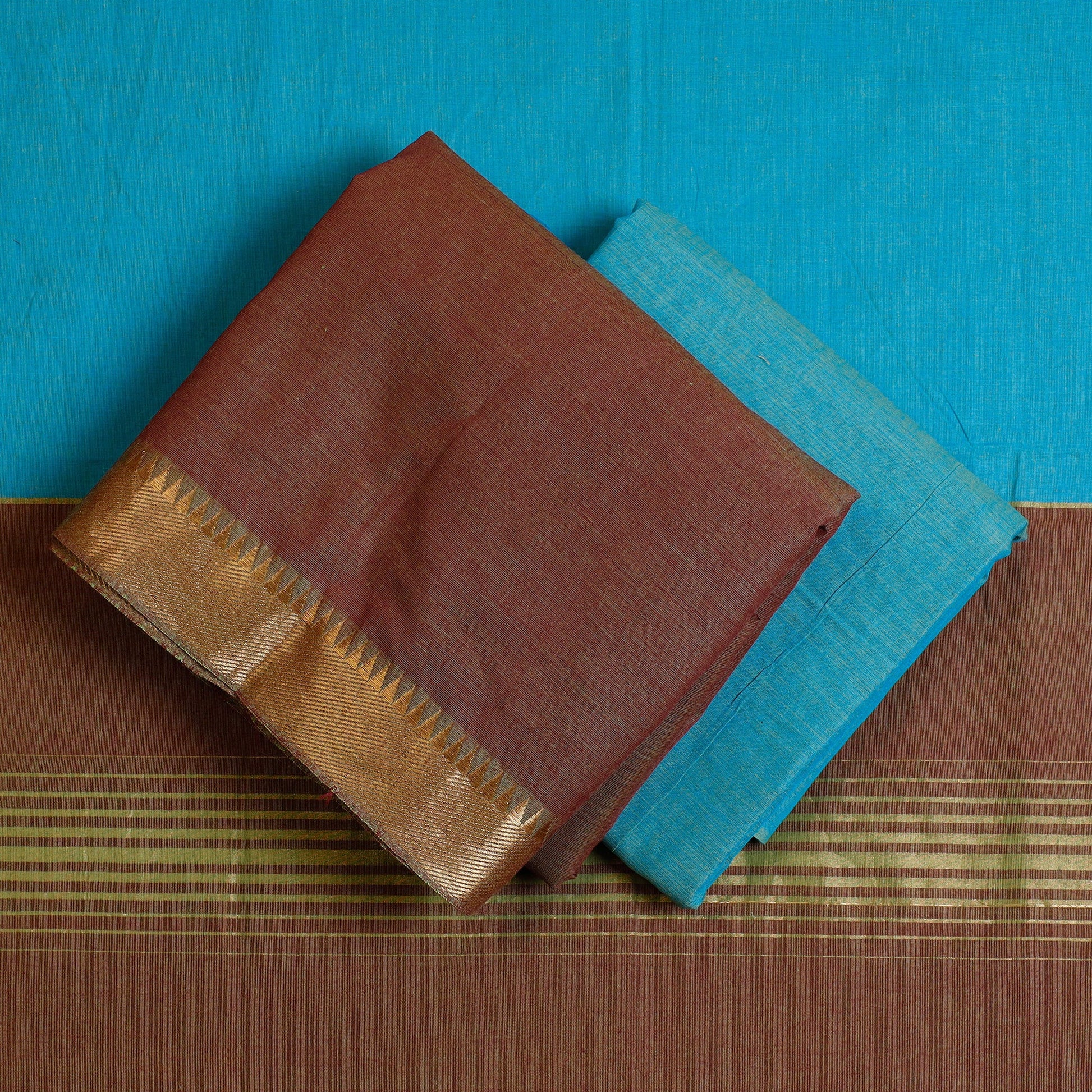 Brown - 3pc Mangalagiri Cotton Suit Material Set with Zari Border