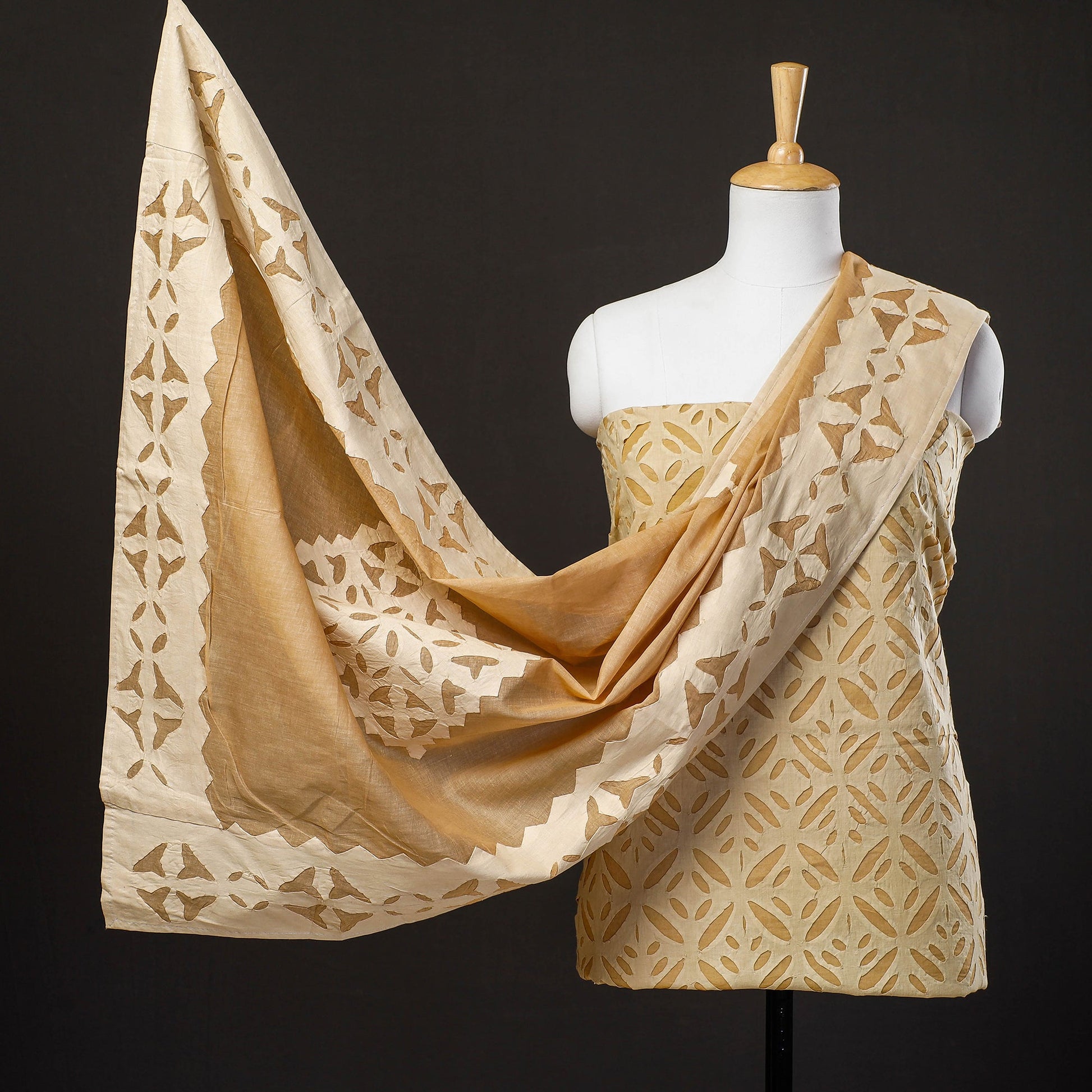 Brown - 3pc Cut Work Cotton Barmer Applique Dress Material