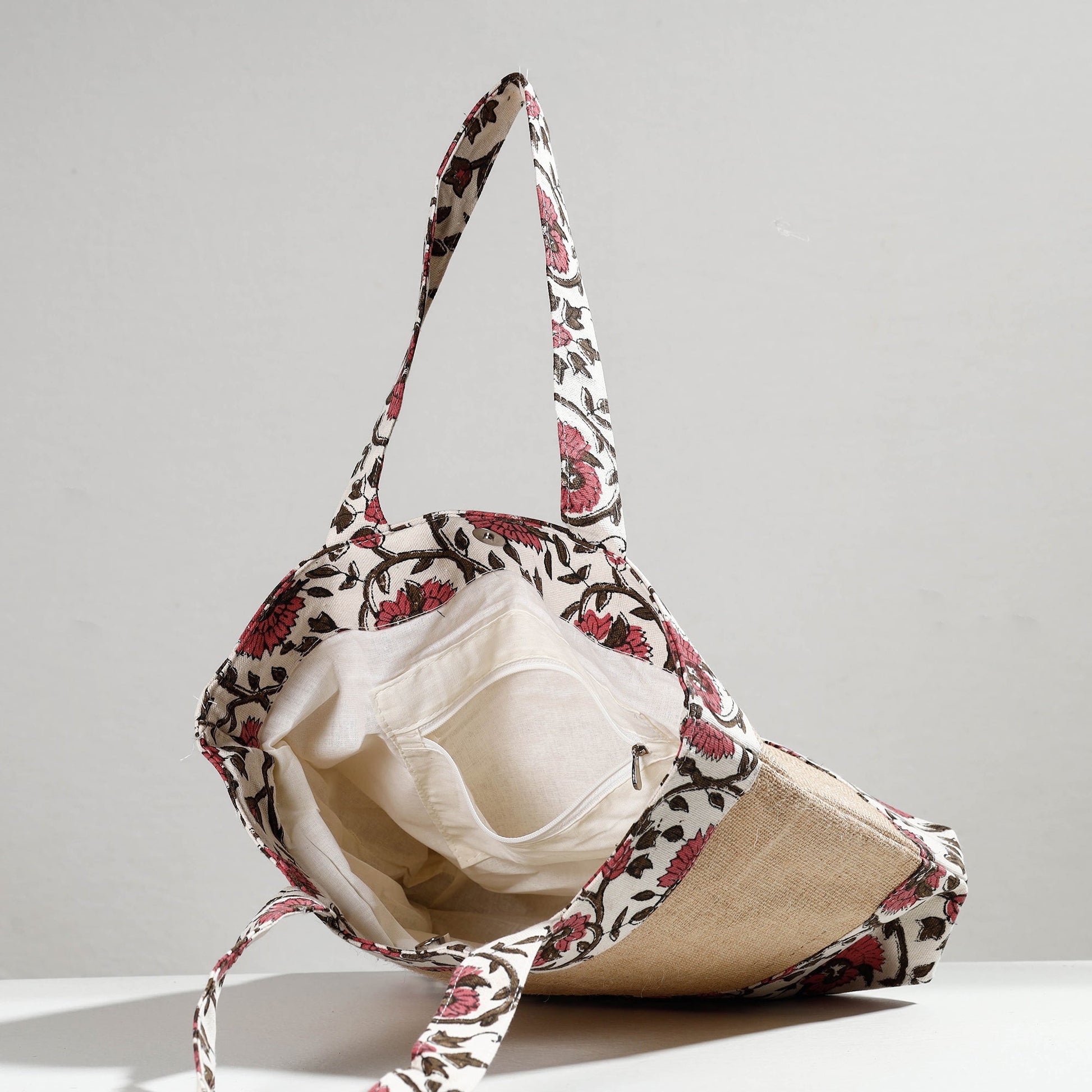 Beige - Hand Block Printed Jute Shoulder Bag
