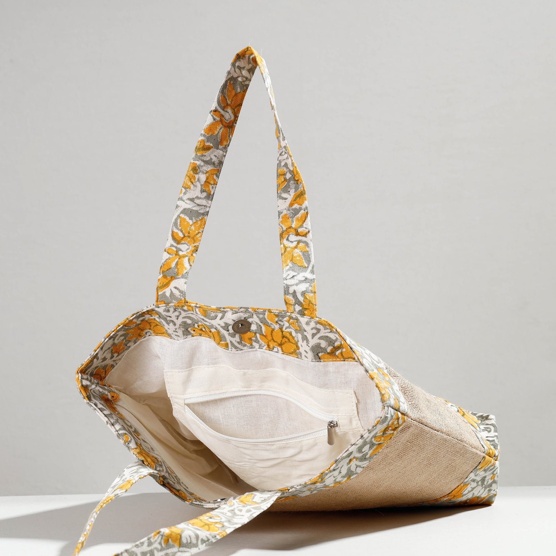 Beige - Hand Block Printed Jute Shoulder Bag