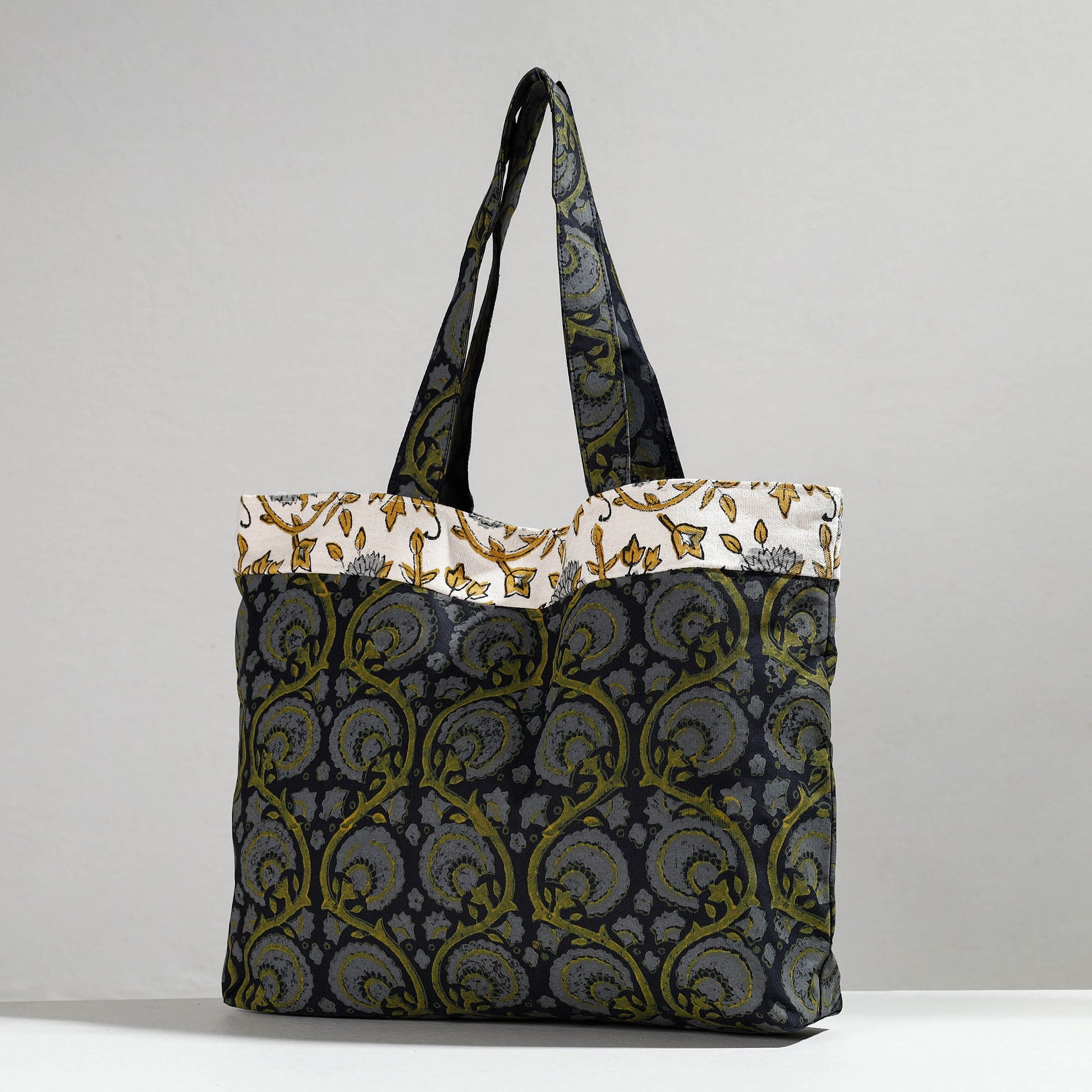 Black - Hand Block Printed Laminated Jute Shoulder Bag