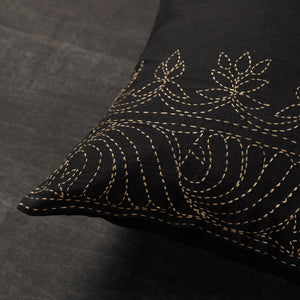 Black - Lotus Border - Kantha Embroidery Handloom Cotton Cushion Cover (16 x 16 in)