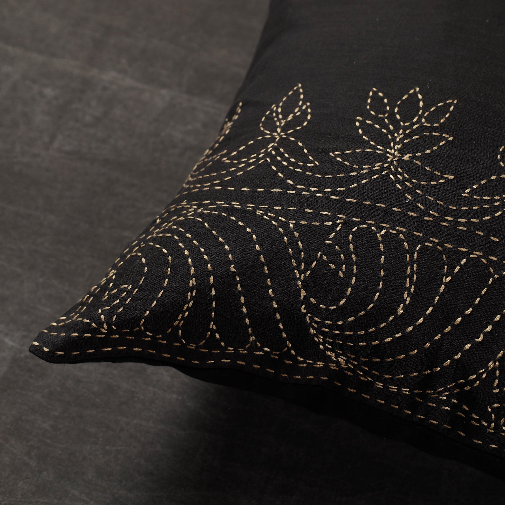 Black - Lotus Border - Kantha Embroidery Handloom Cotton Cushion Cover (16 x 16 in)