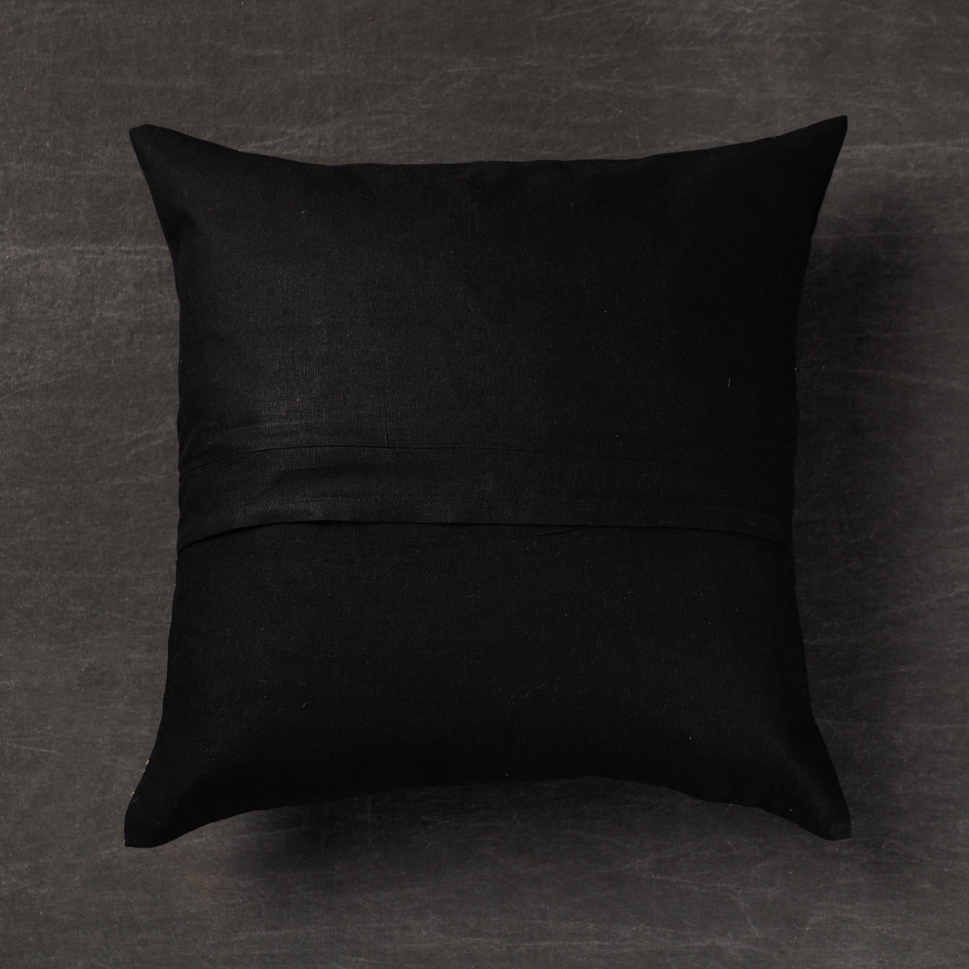Black - Lotus Border - Kantha Embroidery Handloom Cotton Cushion Cover (16 x 16 in)