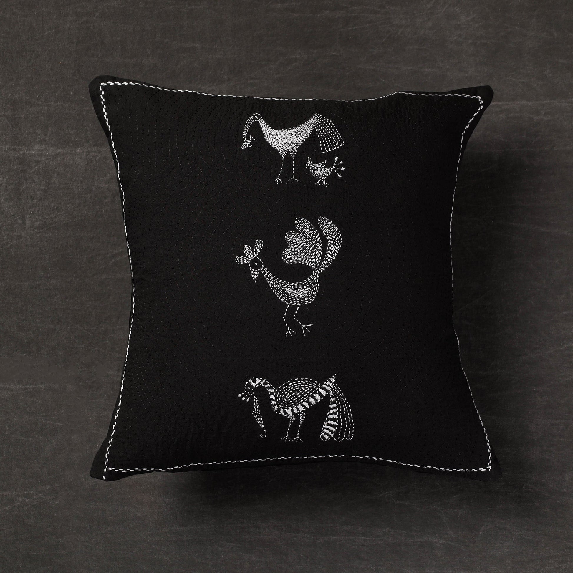 Black - Folk Motif Birds - Kantha Embroidery Handloom Cotton Cushion Cover (16 x 16 in)