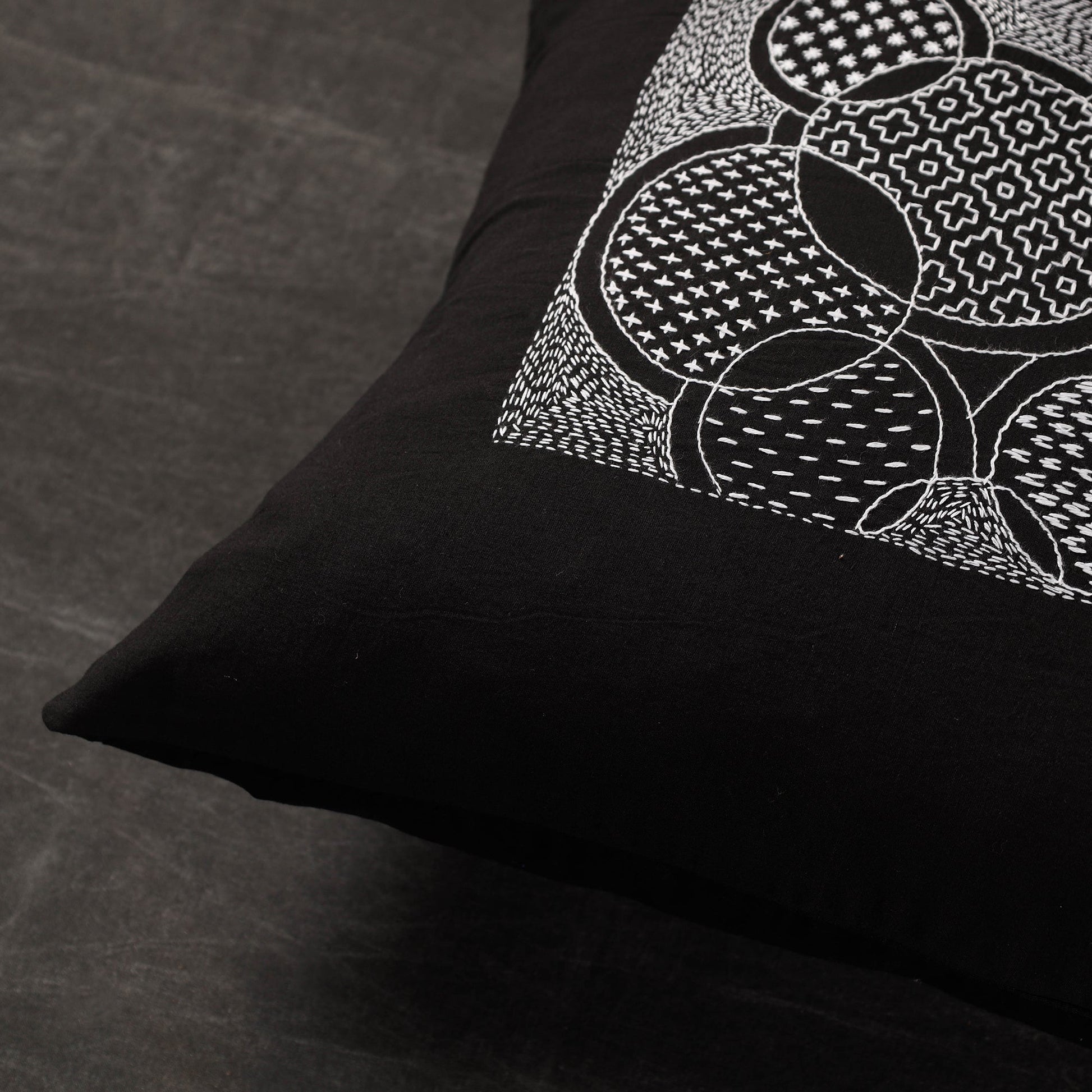 Black - Sashiko - Kantha Embroidery Handloom Cotton Cushion Cover -  (16 x 16 in)