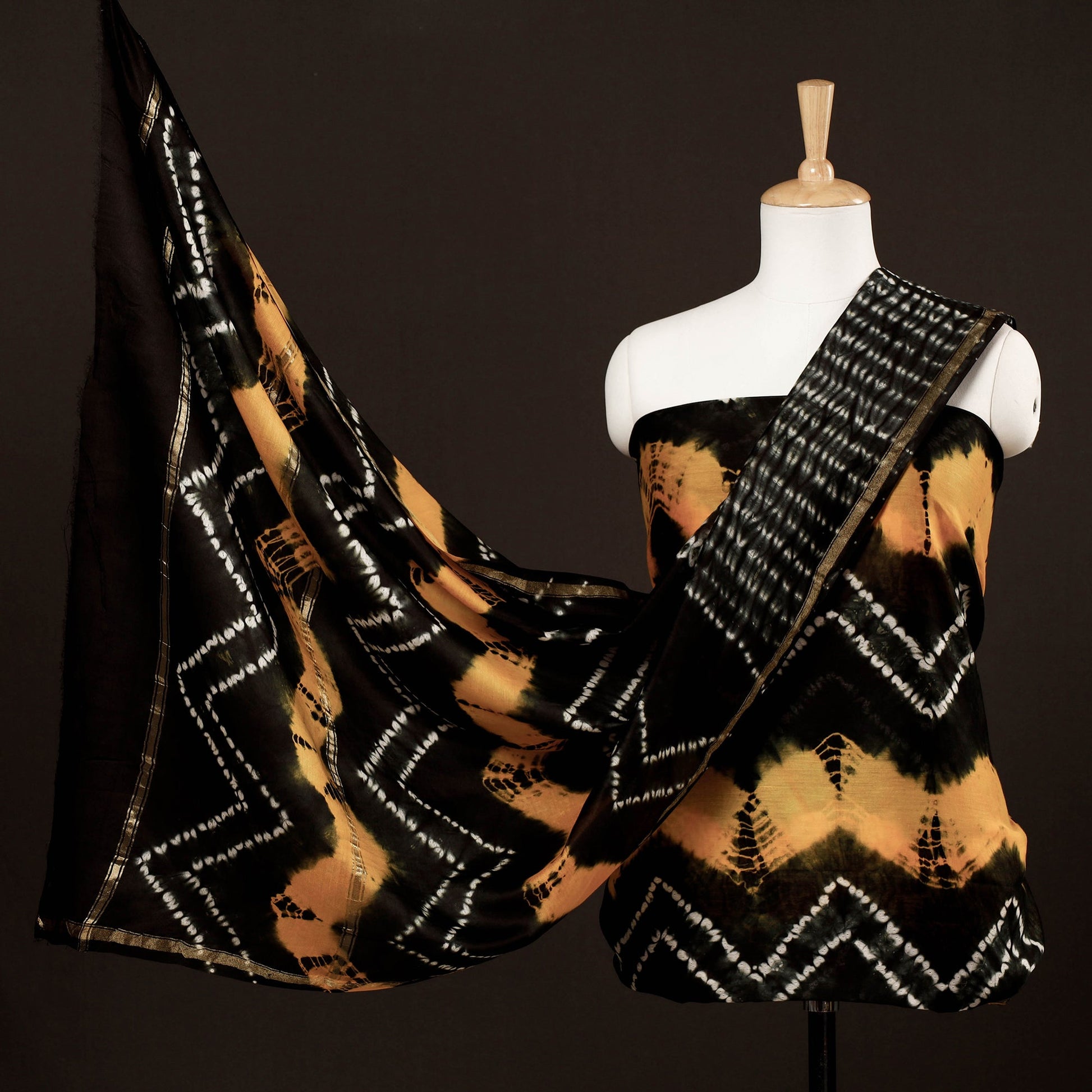 Black - 3pc White & Yellow Miura Shibori Tie-Dye Chanderi Silk Suit Material Set