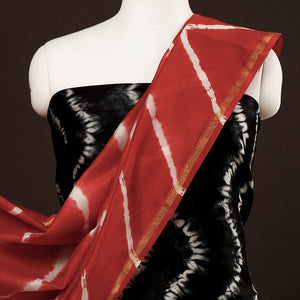 Black - 3pc Black & Red Miura Shibori Tie-Dye Chanderi Silk Suit Material Set
