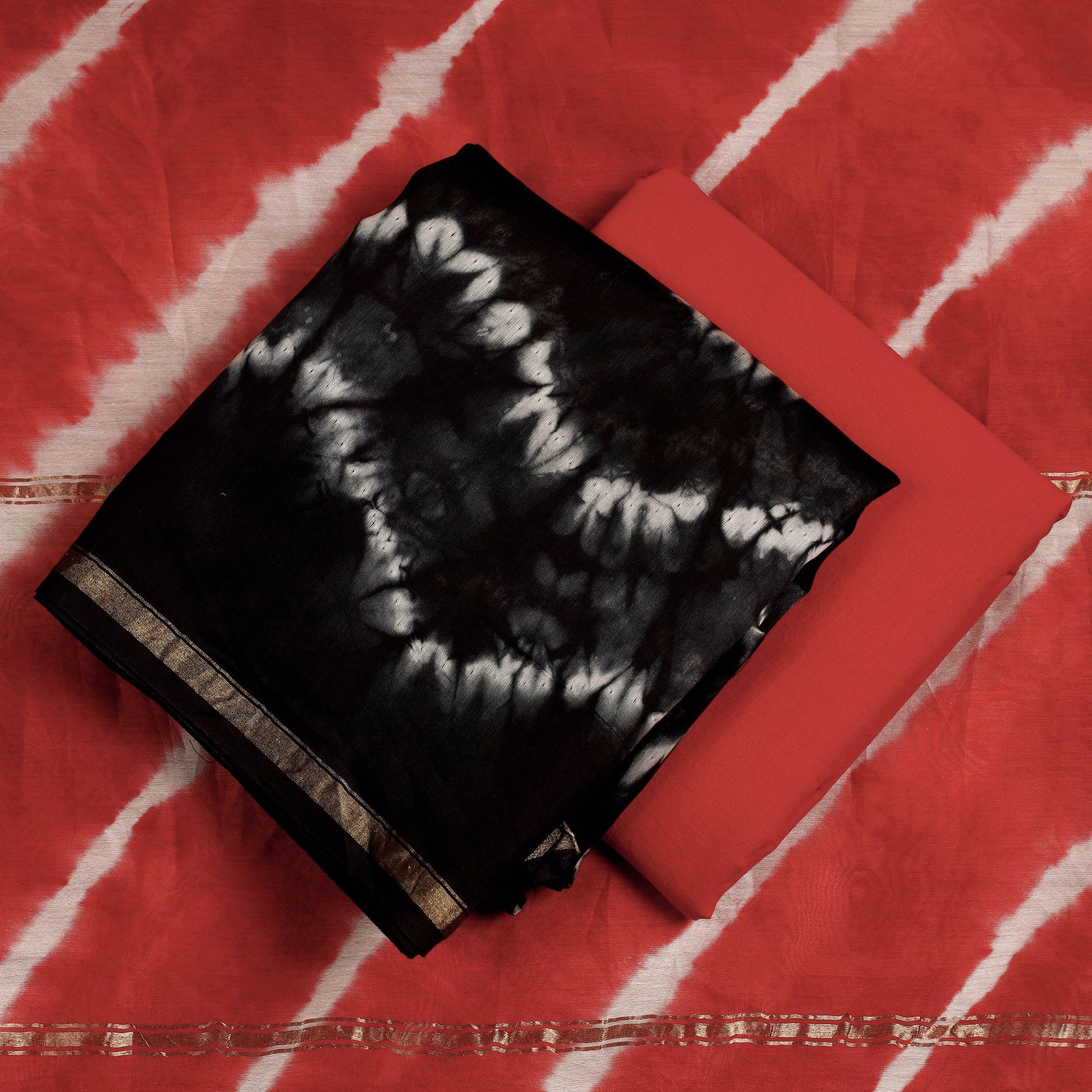 Black - 3pc Black & Red Miura Shibori Tie-Dye Chanderi Silk Suit Material Set