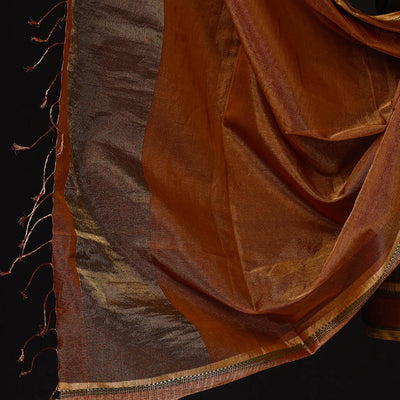 Brown - 2pc Maheshwari Silk Cotton Tissue Zari Work Handloom Suit Material Set