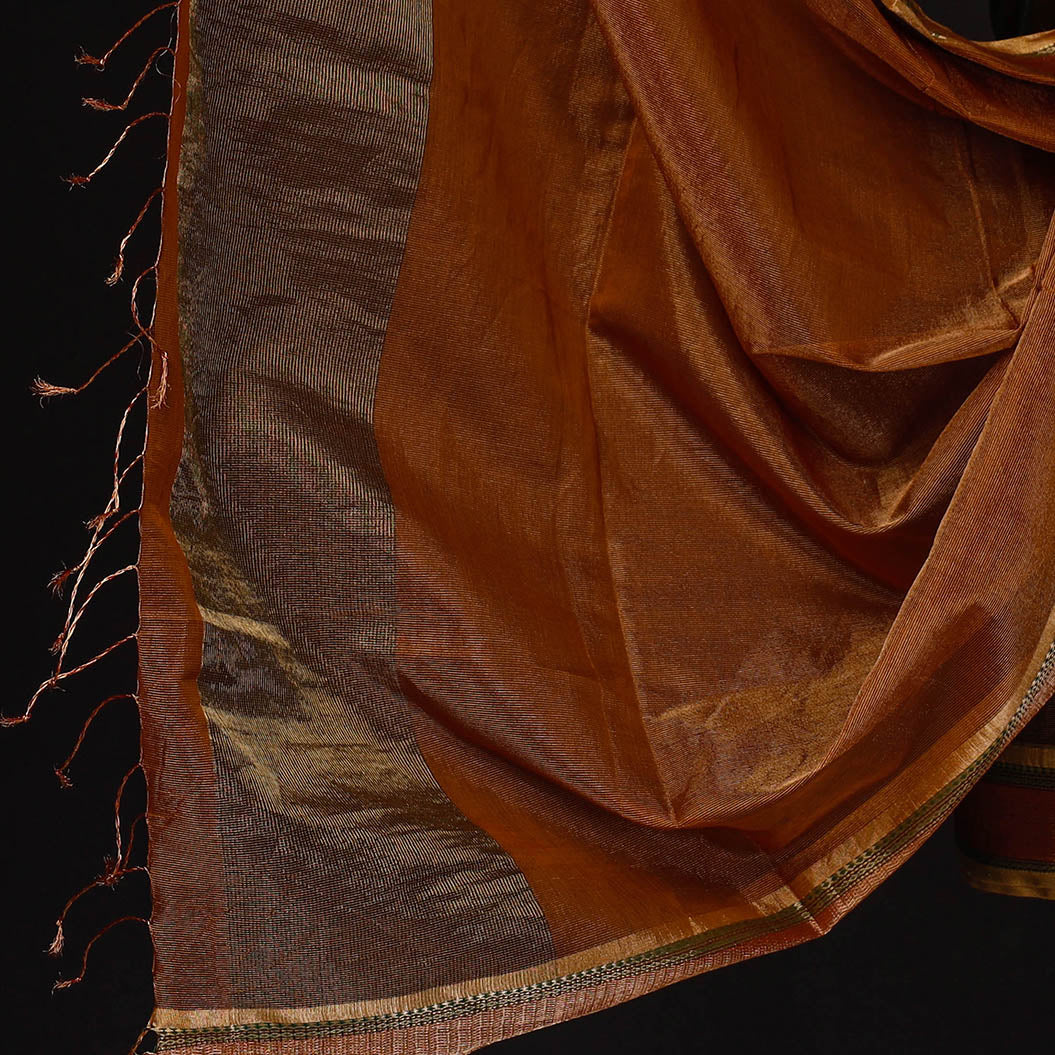 Brown - 2pc Maheshwari Silk Cotton Tissue Zari Work Handloom Suit Material Set