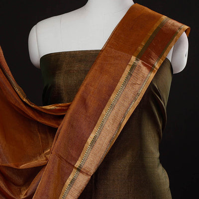 Brown - 2pc Maheshwari Silk Cotton Tissue Zari Work Handloom Suit Material Set