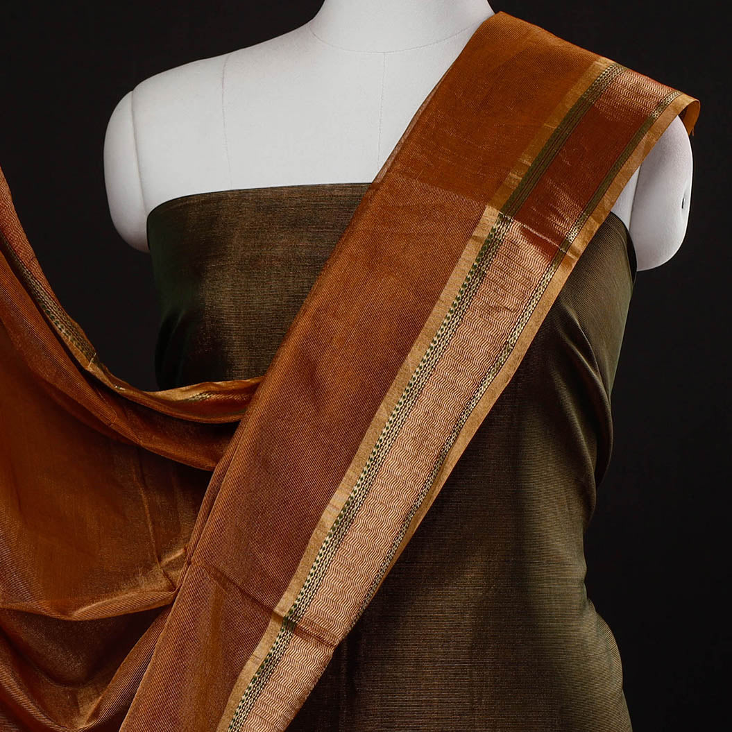 Brown - 2pc Maheshwari Silk Cotton Tissue Zari Work Handloom Suit Material Set