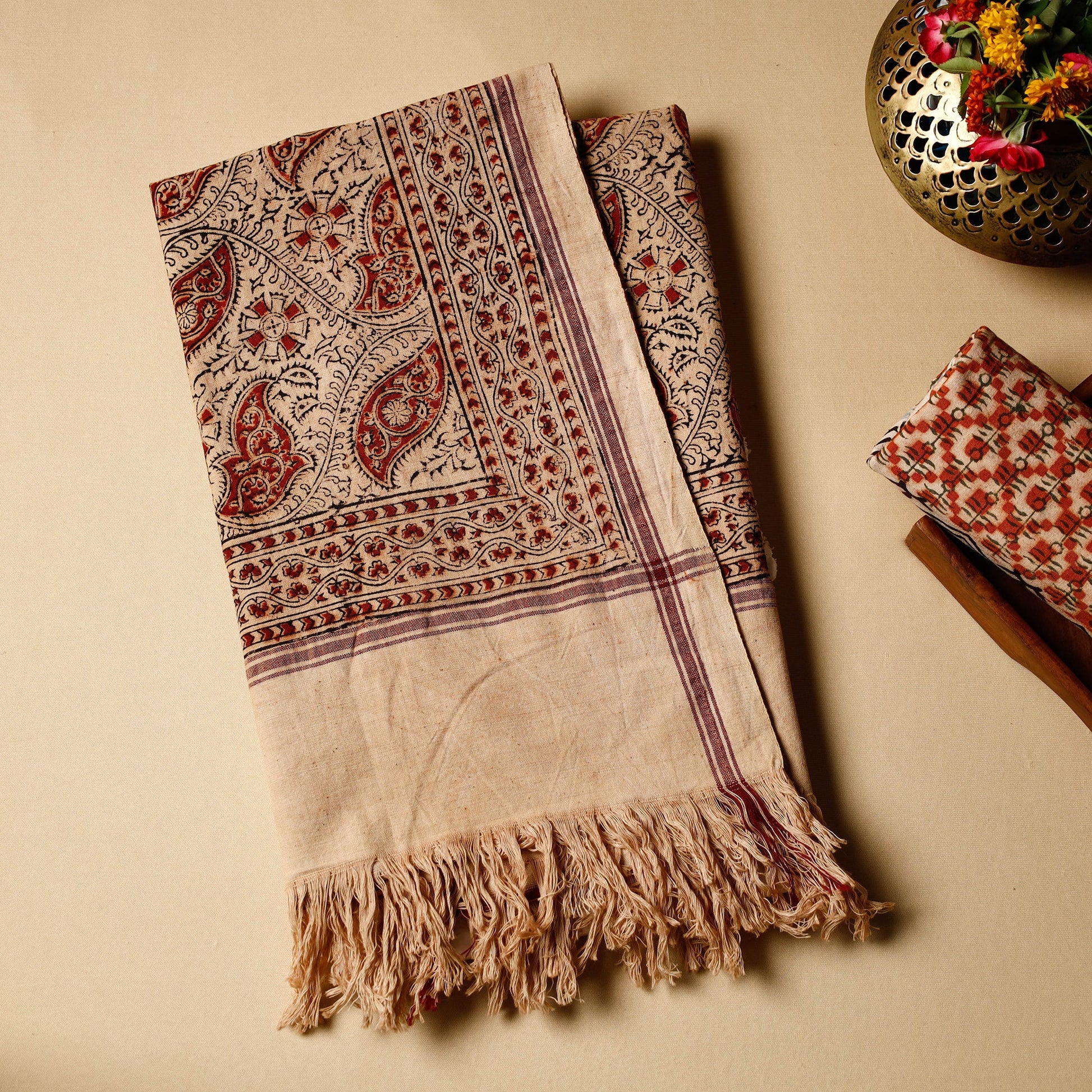 Beige - Pedana Kalamkari Block Printed Handloom Cotton Towel