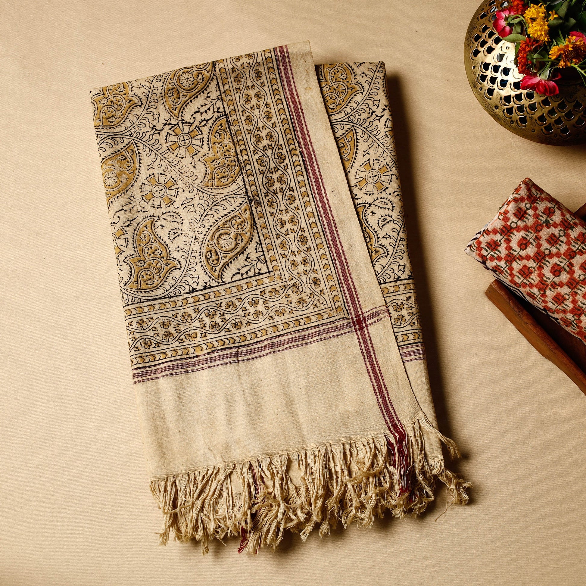 Beige - Pedana Kalamkari Block Printed Handloom Cotton Towel
